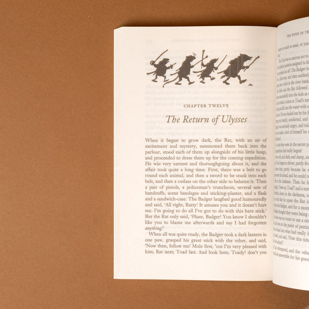 the-wind-in-the-willows--exclusive-edition Open book with silhouette illustration and text on a brown background