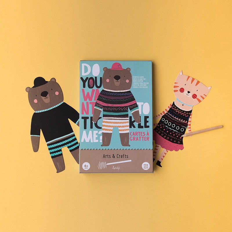 tickle-me-arts-and-crafts-kit Cartoon bear and cat toy with a craft kit on a yellow background