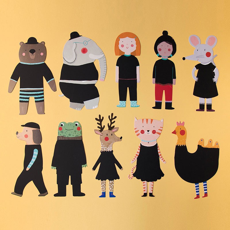 tickle-me-arts-and-crafts-kit Illustrations of various animal characters dressed in black outfits on a yellow background
