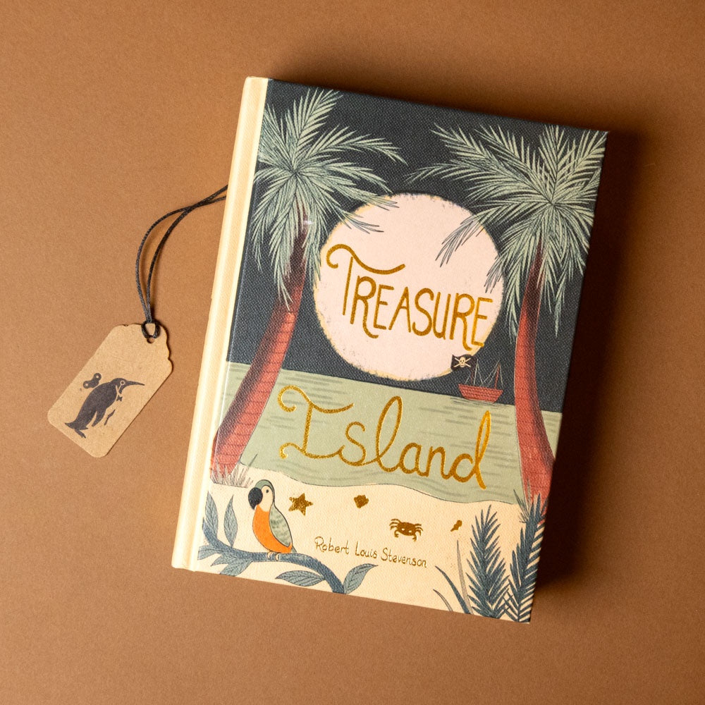 Book titled 'Treasure Island' with palm trees and a parrot on a brown background