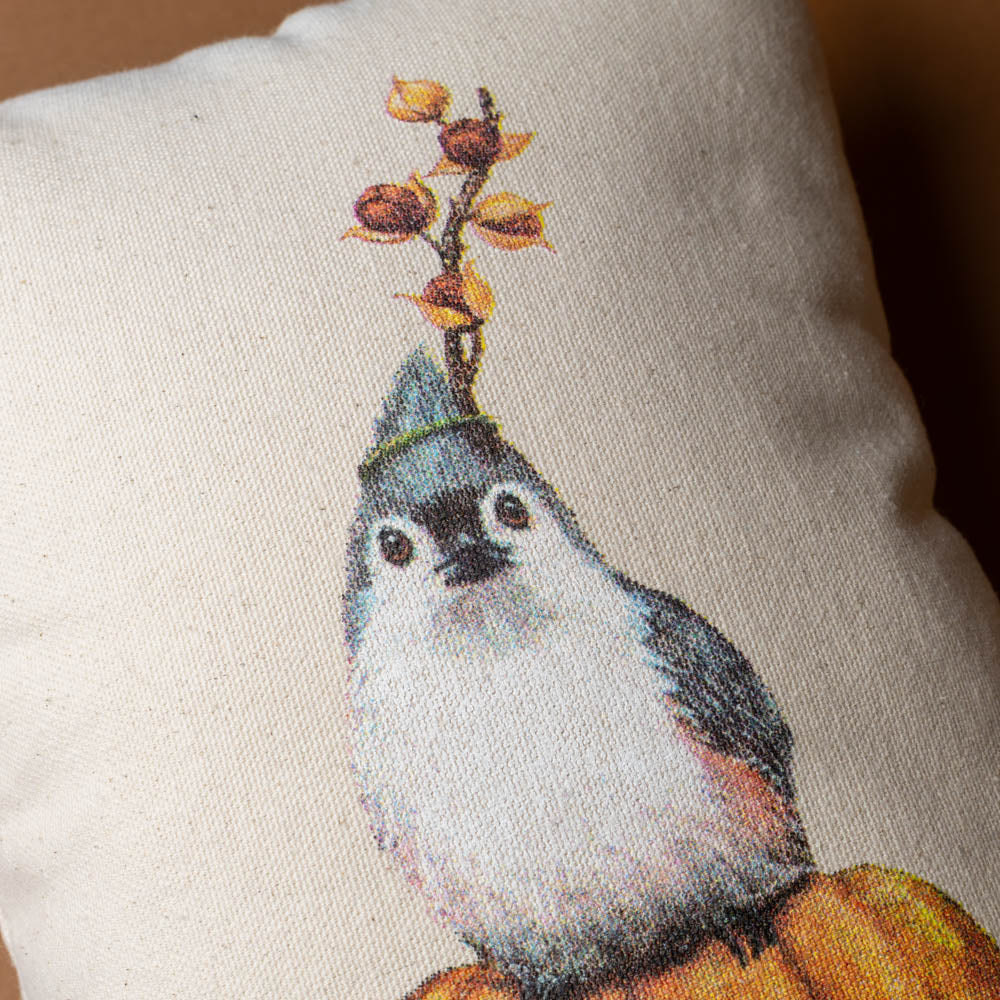tufted-titmouse-pillow Pillow with a bird design on a beige background