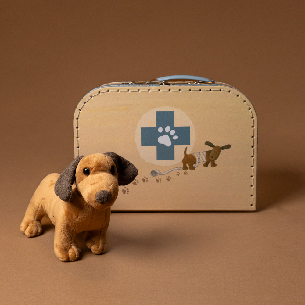 veterinary-case Plush dachshund toy next to a small suitcase with a pet-themed design on a brown background