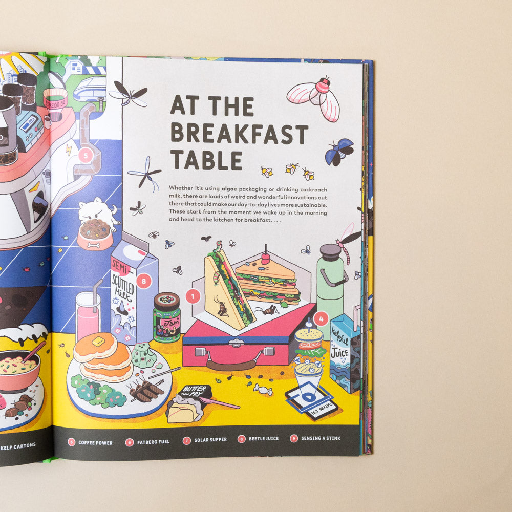 weird-and-wonderful-ways-to-save-the-planet Illustrated book open to a page titled 'At the Breakfast Table' on a beige background