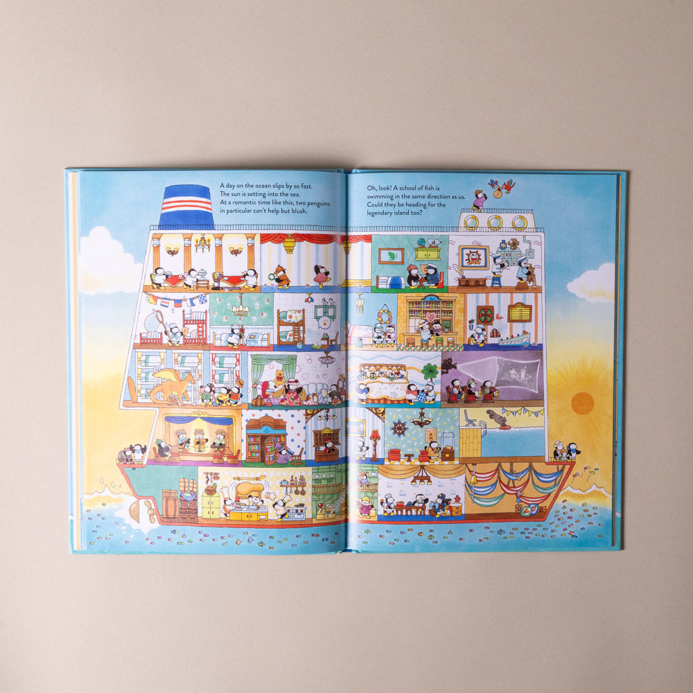 welcome-to-the-penguin-cruise-seek-and-find-adventure Open book with colorful illustrations of a ship on a beige background