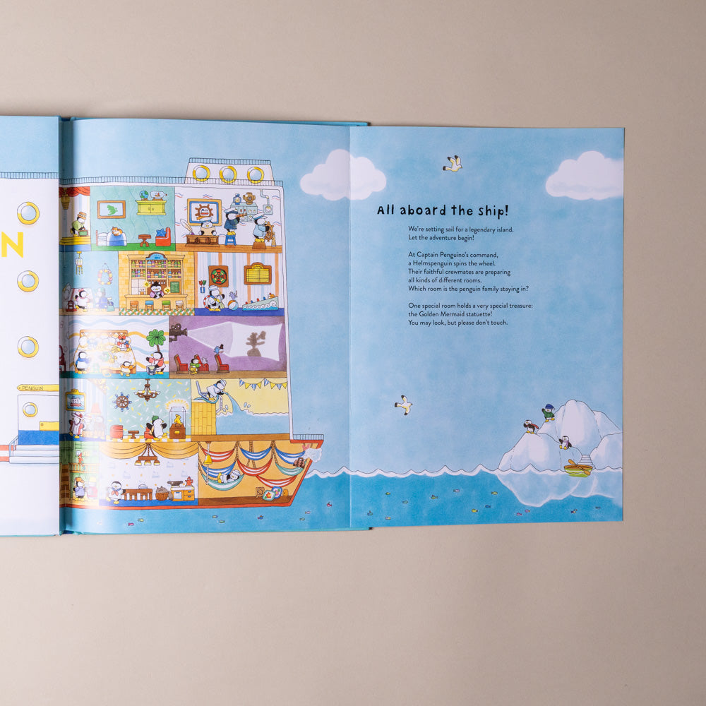 welcome-to-the-penguin-cruise-seek-and-find-adventure Open book with colorful illustrations of a ship and characters on a beige background