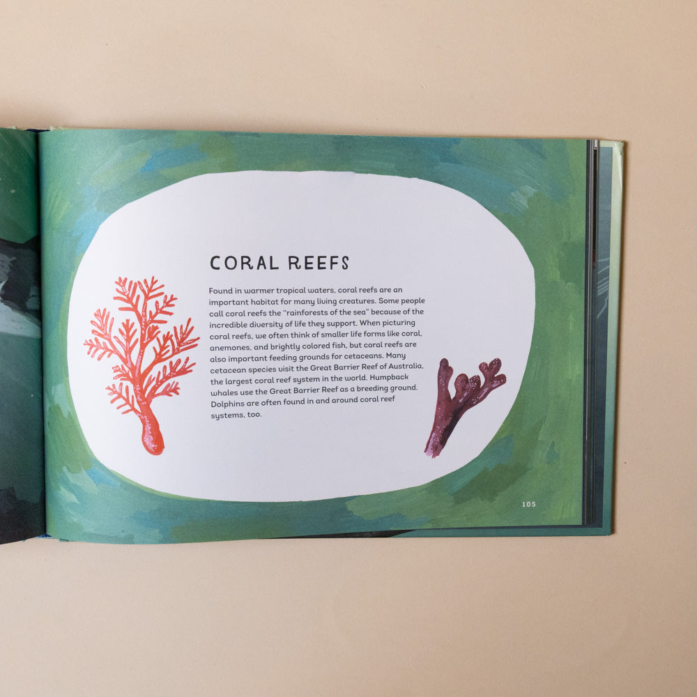 whales-book Book open to a page about coral reefs with illustrations and text.