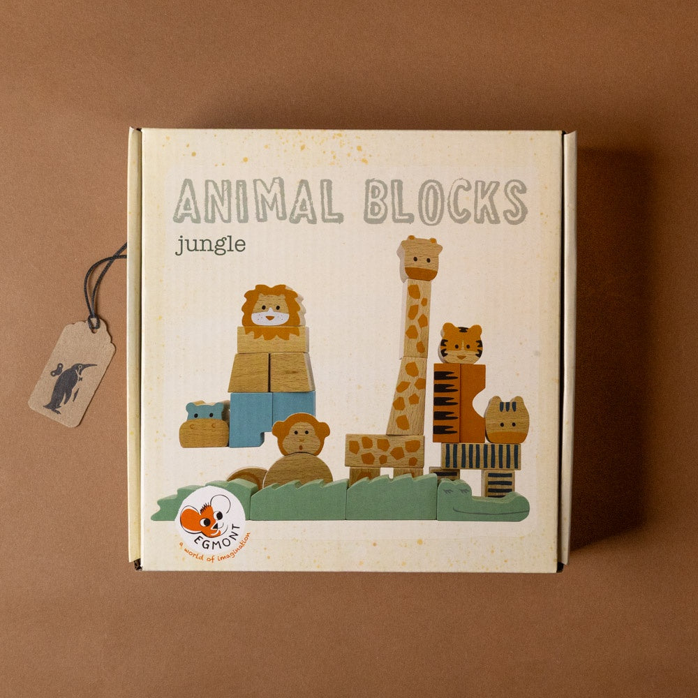 wooden-stacking-block-animals-jungle Box of animal blocks with lion, tiger, and giraffe designs on a brown background