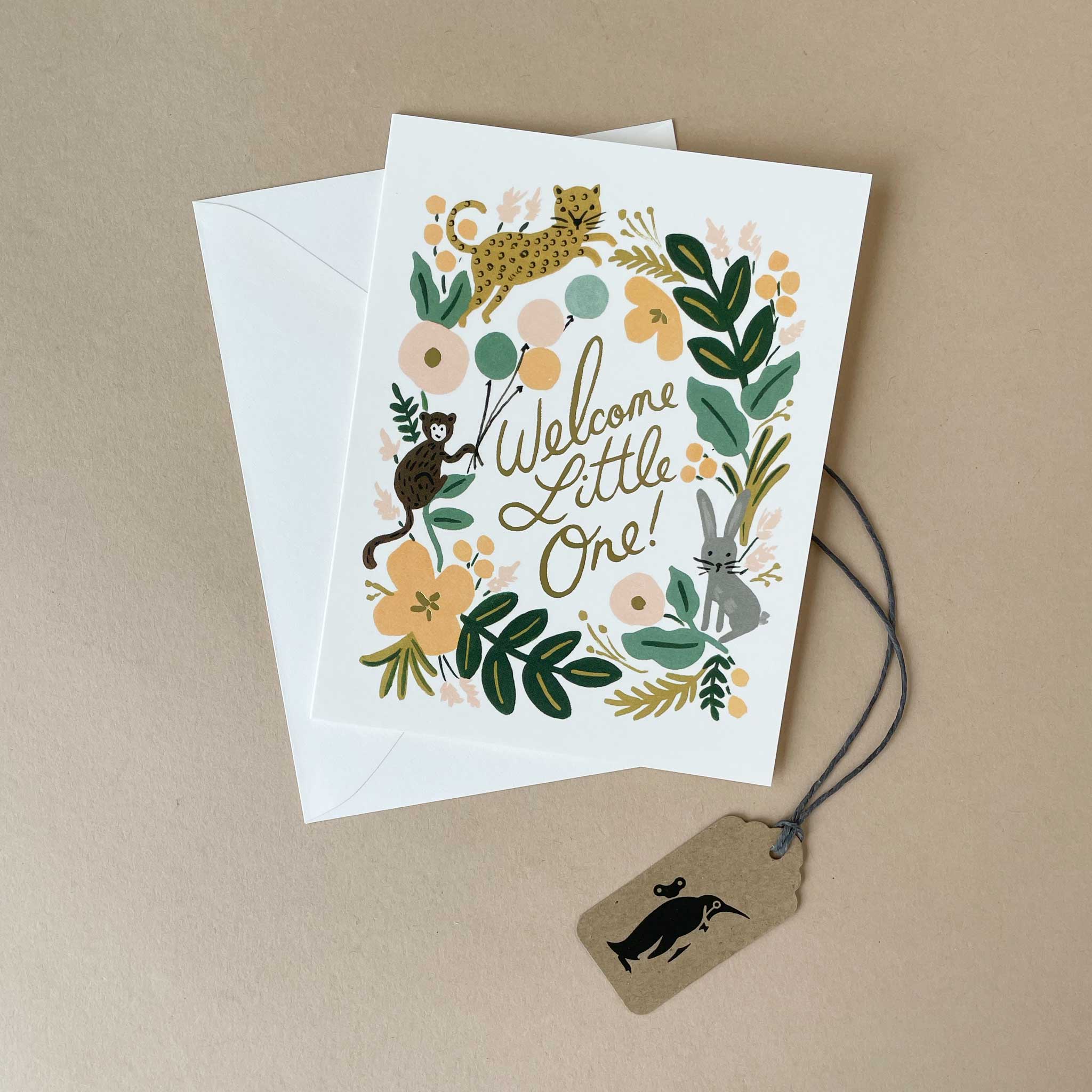 welcome-little-one-greeting-card-leopard-monkey-rabbit-illustrations