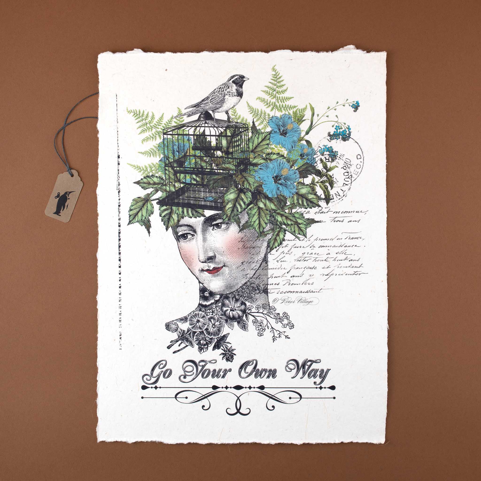 handmade-paper-with-illustration-on-female-head-with-flowers-as-her-hair-and-a-bird-cage